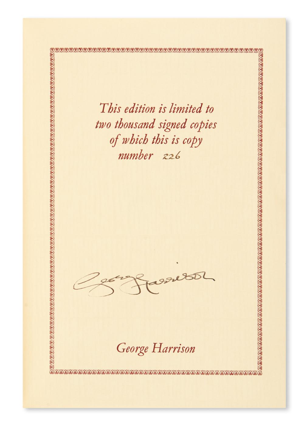 HARRISON, GEORGE. I, Me, Mine. Signed on the colophon page.