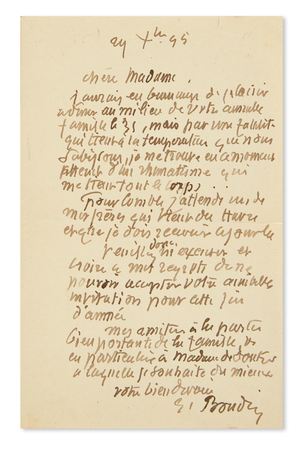 BOUDIN, EUGÈNE. Autograph Letter Signed, "G. Boudin," to "Dear Madam," in French,