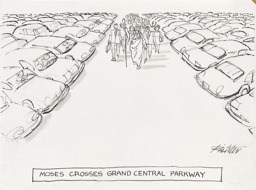 (THE NEW YORKER / CARTOON) MISCHA RICHTER. "Moses crosses the Grand Central Parkway."