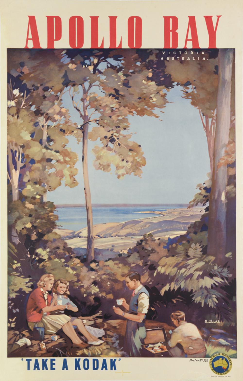 JAMES NORTHFIELD (1888-1973). APOLLO BAY / "TAKE A KODAK." 1947. 39x25 inches, 101x64 cm. Queen City Printers Pty. Ltd., Melbourne.
