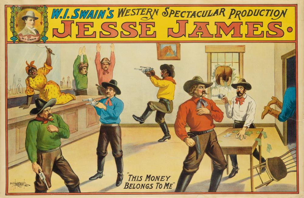 DESIGNER UNKNOWN. JESSE JAMES / W.I. SWAIN'S WESTERN SPECTACULAR PRODUCTION. Circa 1890s. 27x41 inches, 68x105 cm. The Donaldson Litho