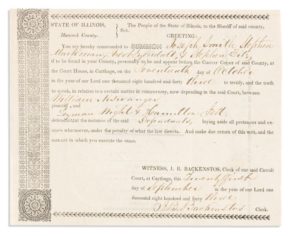 (MORMONS.) Summons issued to Joseph Smith and others to appear as witnesses in an Illinois court case.