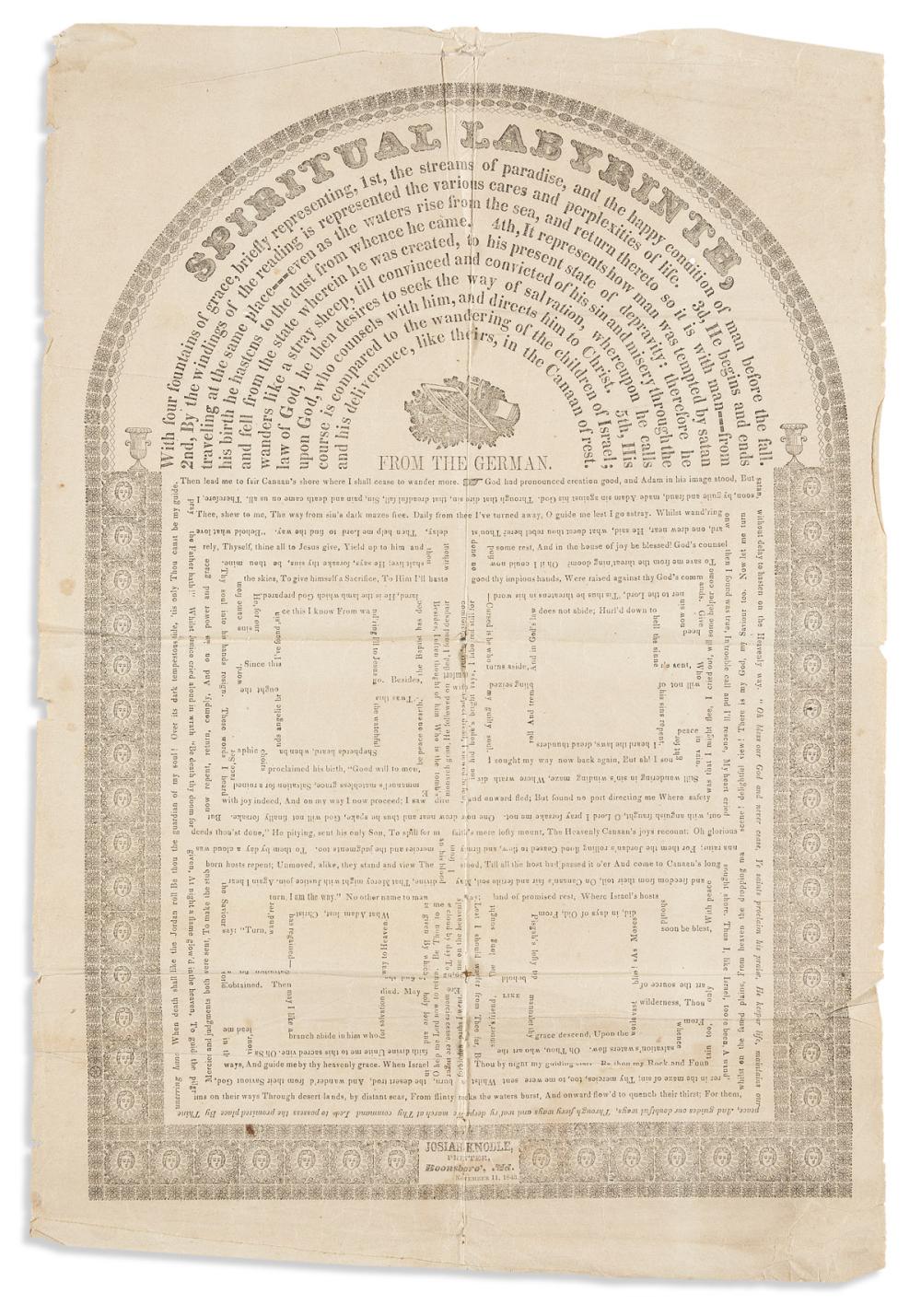 (MARYLAND.) Rare printing of the Pennsylvania Dutch "Spiritual Labyrinth" broadside, accompanied by manuscript recipes and spells.