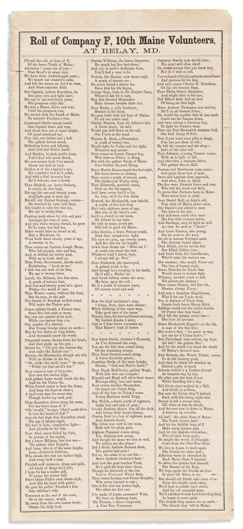 (CIVIL WAR--MAINE.) Broadside poem titled "Roll of Company F, 10th Maine Volunteers, at Relay, Md."