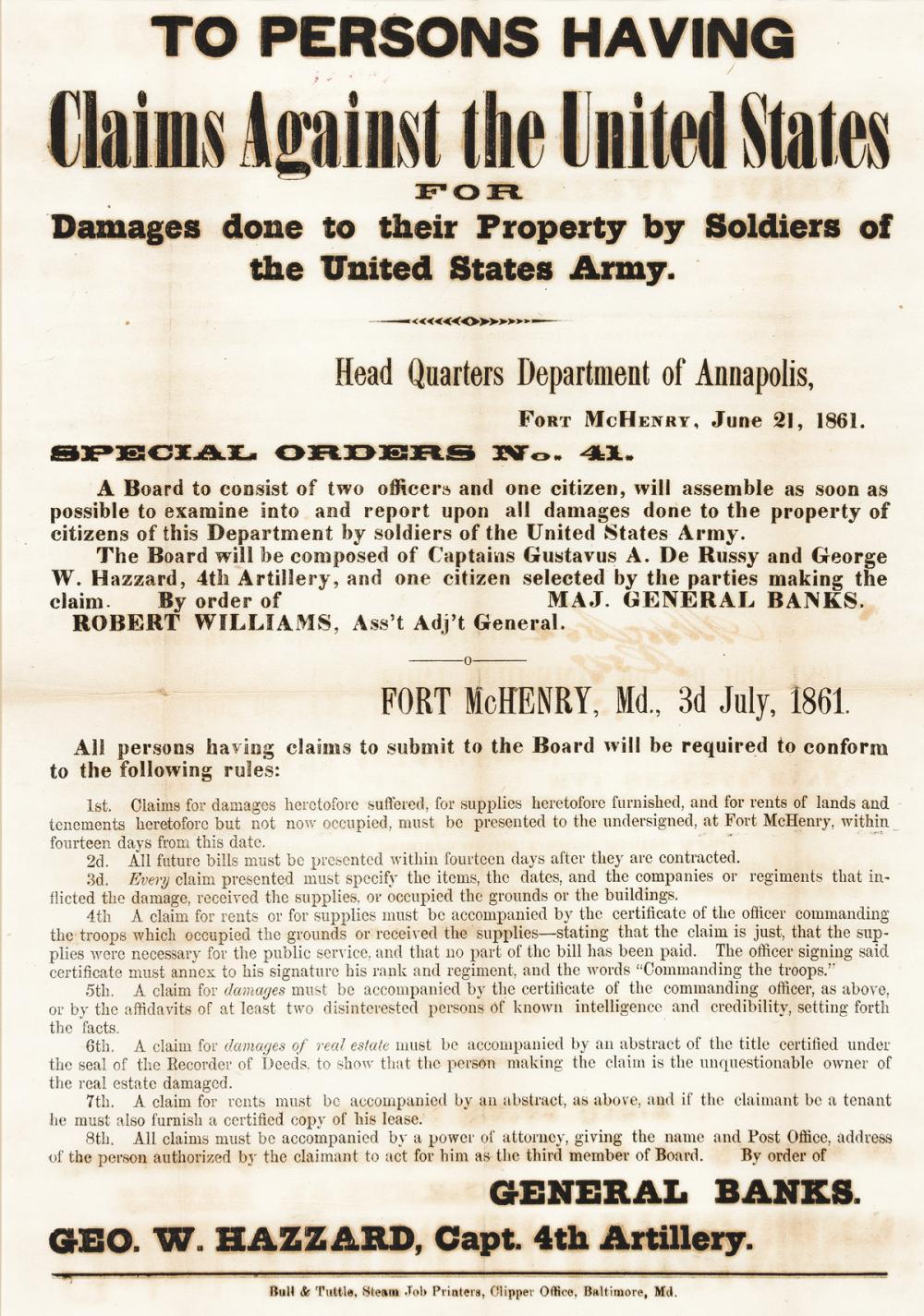 (CIVIL WAR--MARYLAND.) Nathaniel P. Banks. To Persons Having Claims against the United States for Damages Done to their Property