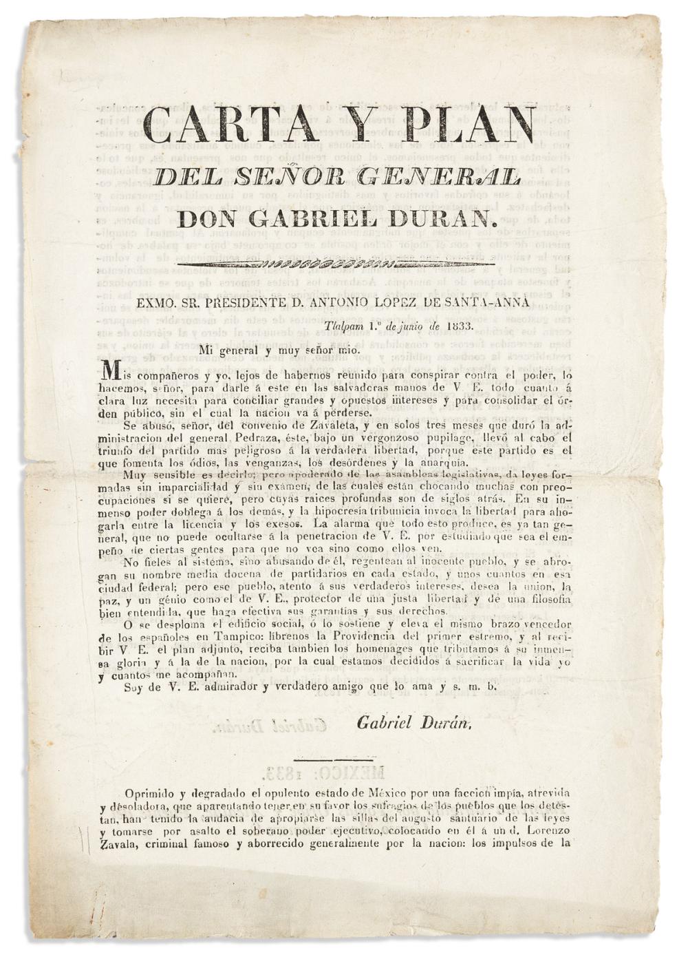 (WEST--TEXAS.) Gabriel Durán. "Carta y plan" denouncing the future Texan patriot Lorenzo de Zavala.