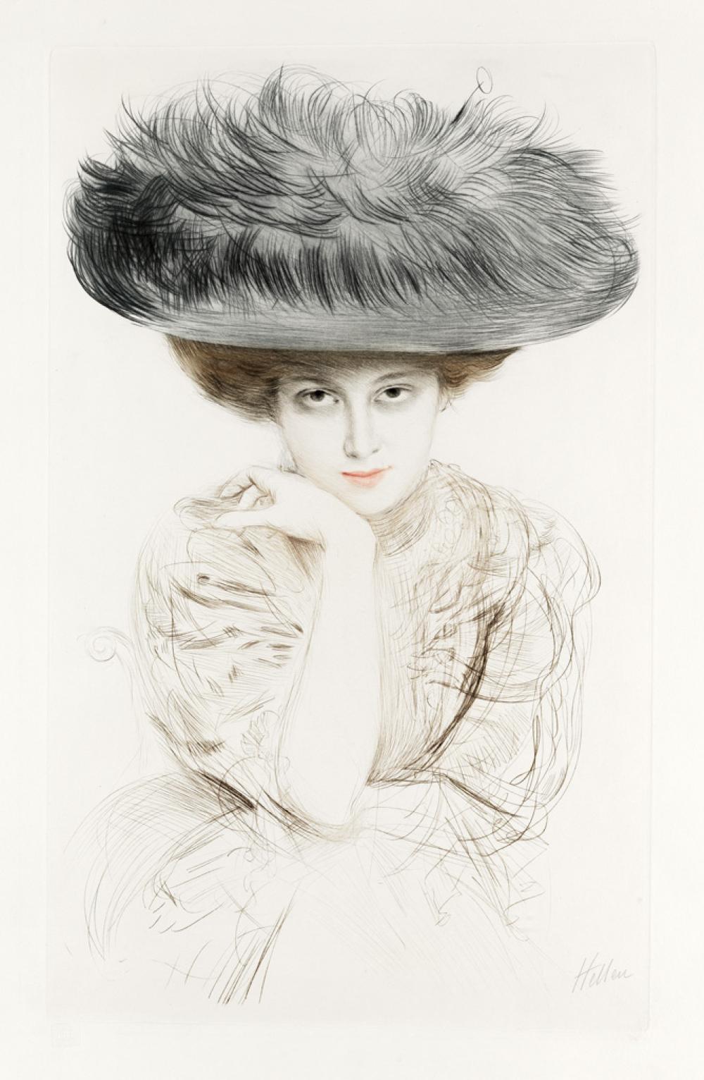 PAUL CÉSAR HELLEU Femme au grand chapeau.