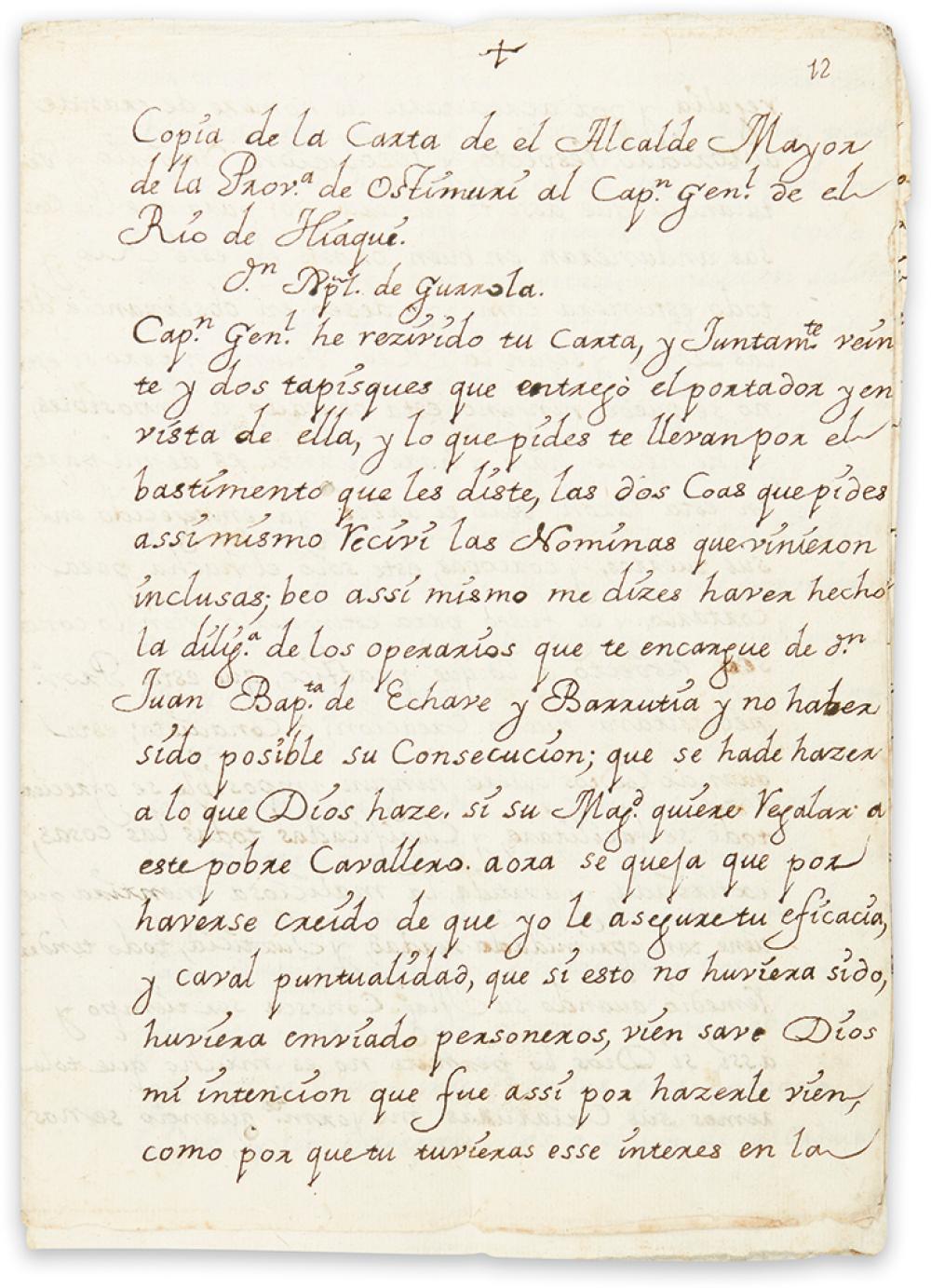 (MEXICO.) Quiroz y Mora, Miguel de. Letter on the Yaqui River missions.
