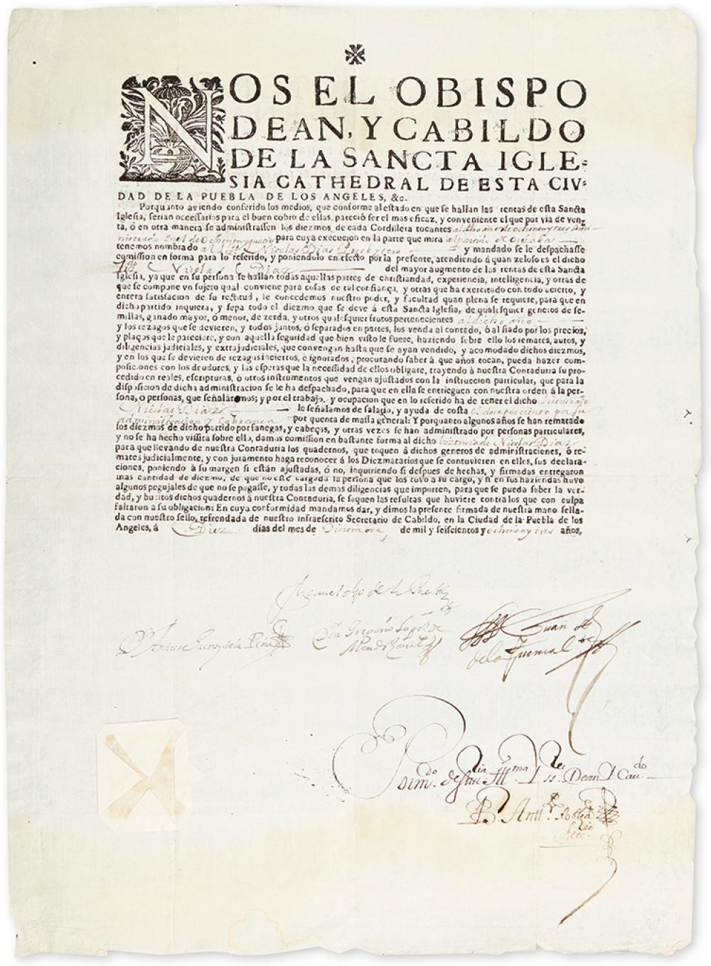 (MEXICO--PUEBLA.) Fernández de Santa Cruz, Manuel. Commission of a priest, signed twice by a notable bishop of Puebla.