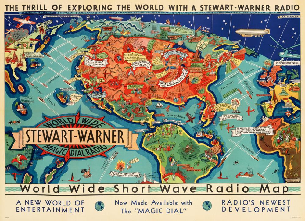 CHARLES TURZAK (1899-1986). STEWART - WARNER / WORLD WIDE SHORT WAVE RADIO MAP. Circa 1932. 35x48 inches, 89x123 cm. Magill-Weinsheimer