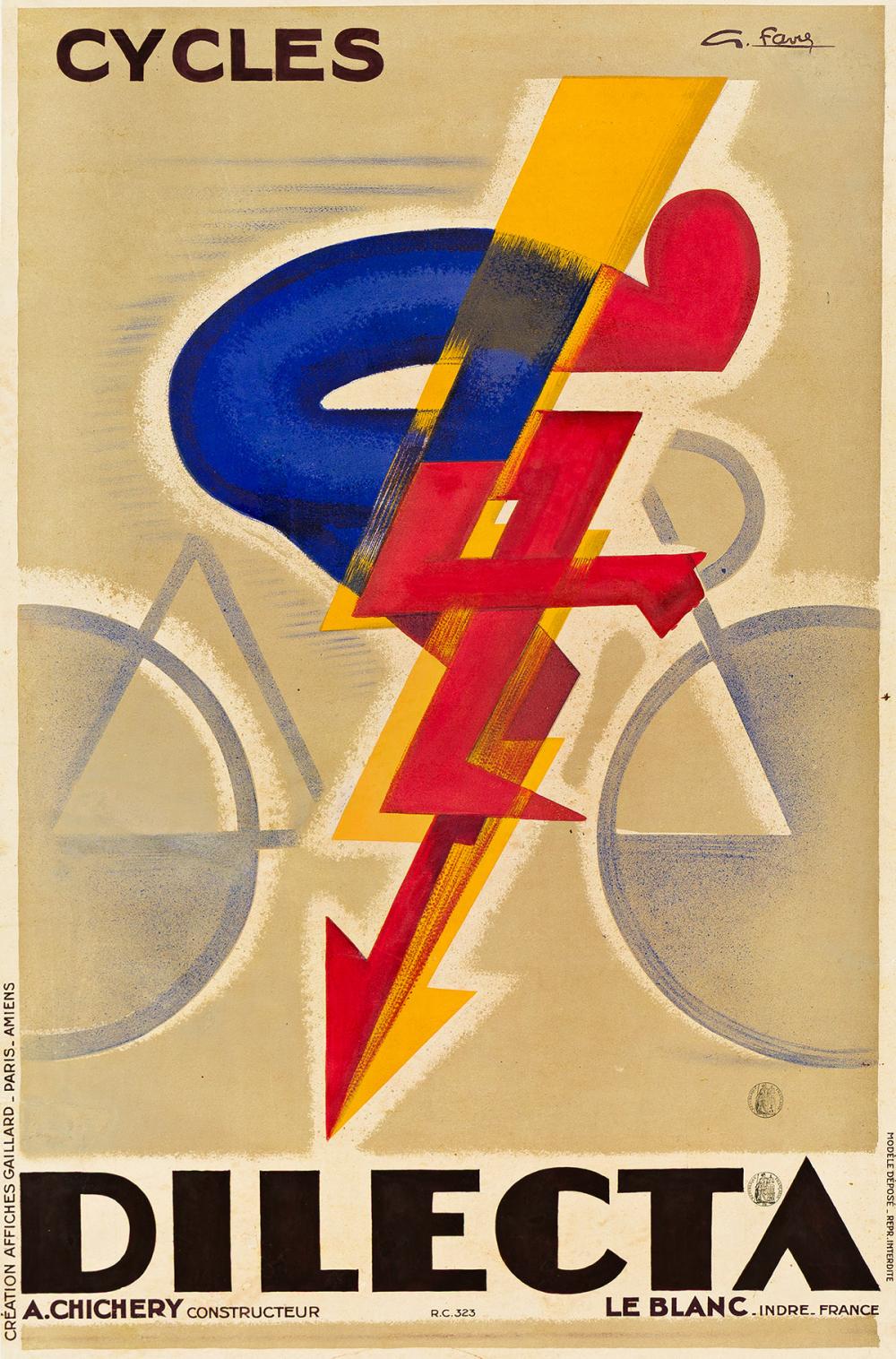 GEORGE FAVRE (DATES UNKNOWN). CYCLES DILECTA. Circa 1928. 44½x29½ inches, 113x75 cm. Affiches Gaillard, Paris.