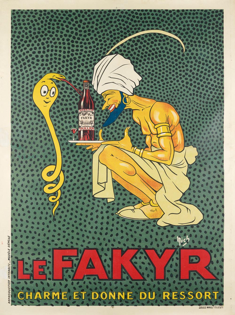 MICH (MICHEL LIEBEAUX, 1881-1923). LE FAKYR. Circa 1921. 63x47 inches, 160x120 cm. Publicité Wall, Paris.