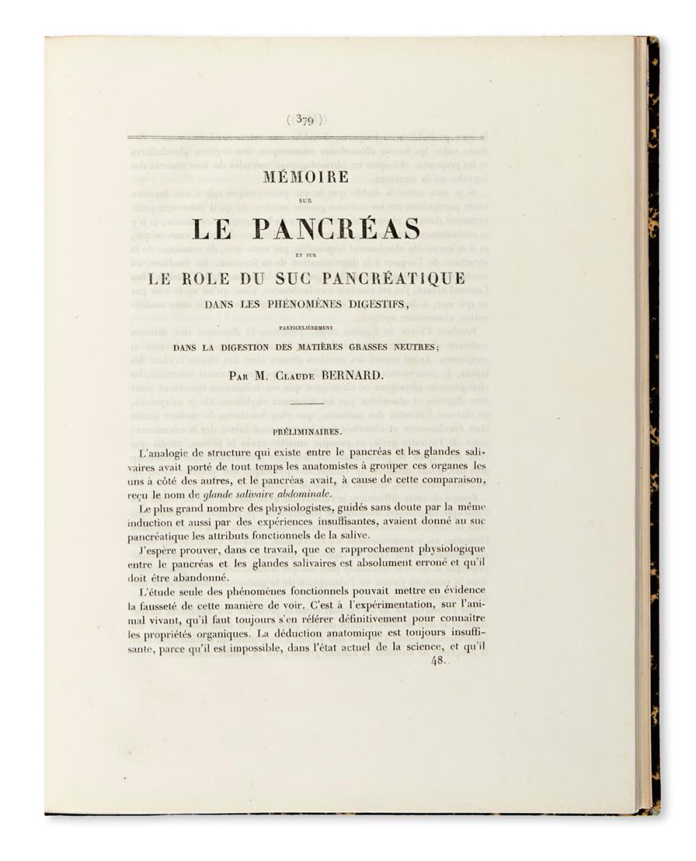BERNARD, CLAUDE. Mémoire sur le Pancréas et sur le Role du Suc Pancréatique dans les Phénomènes Digestifs. 1856