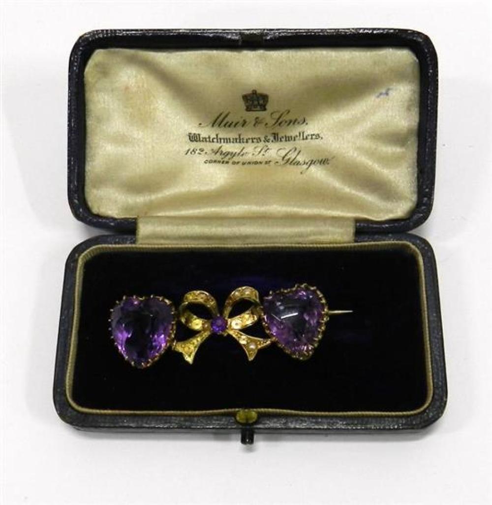A Victorian 15ct Yellow Gold Amethyst & Seed Pearl Double Heart Brooch,