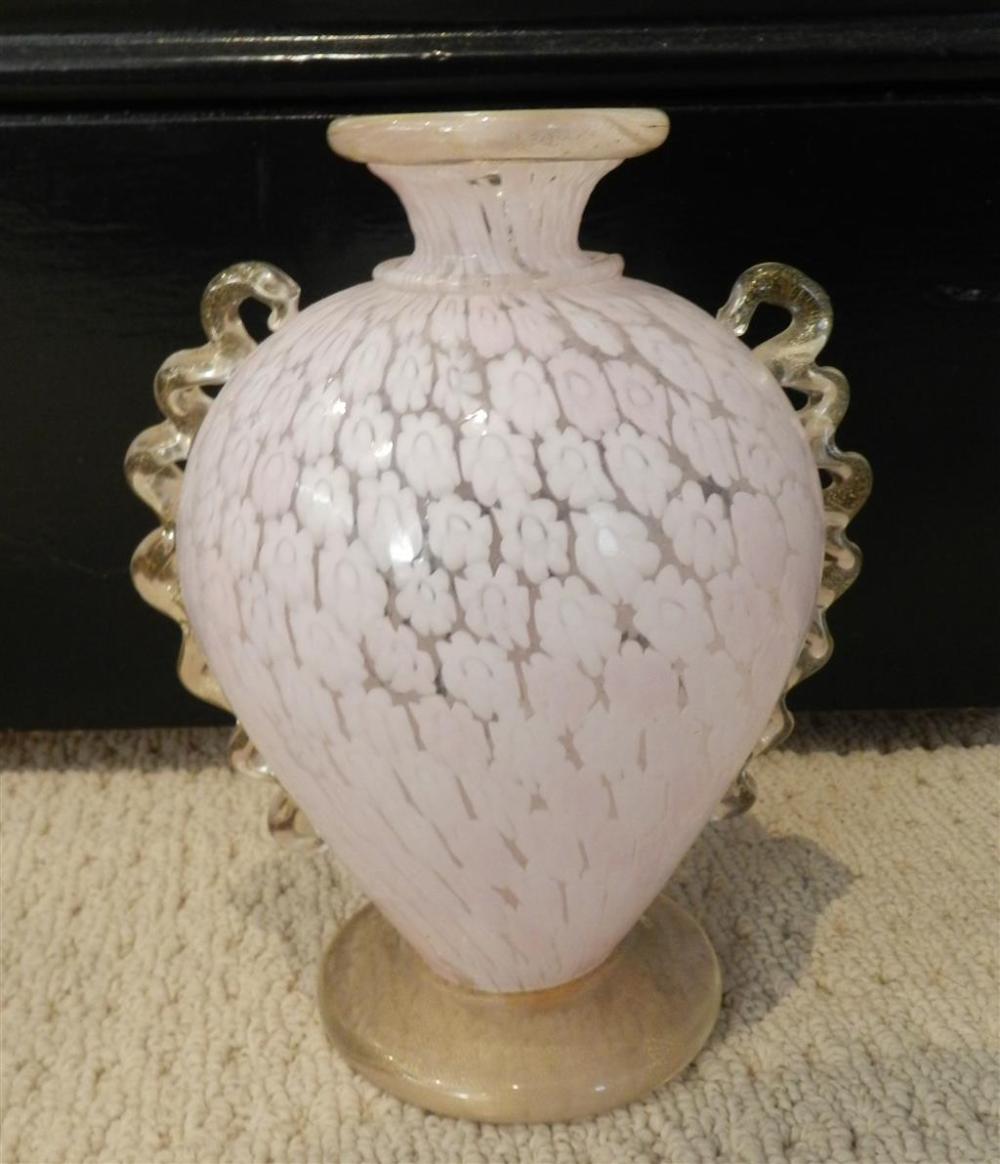A Murano Pale Pink Millefiori Glass Vase with Scroll Detail