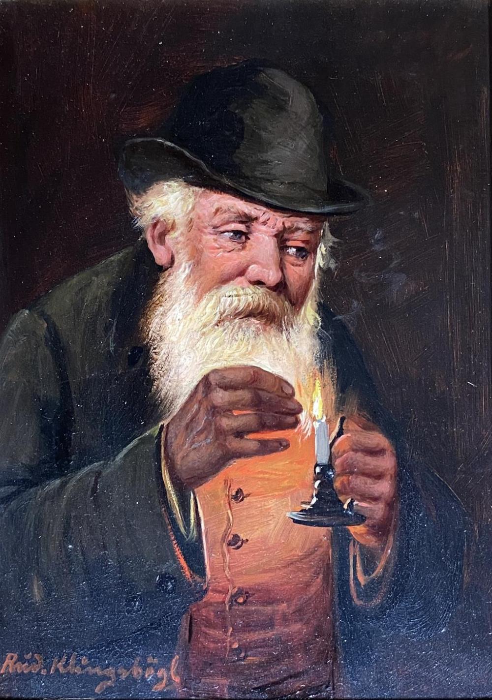 Rudolph Klingsbogl (1881-1943) Austria Portrait of A Man with Candle Oil on panel