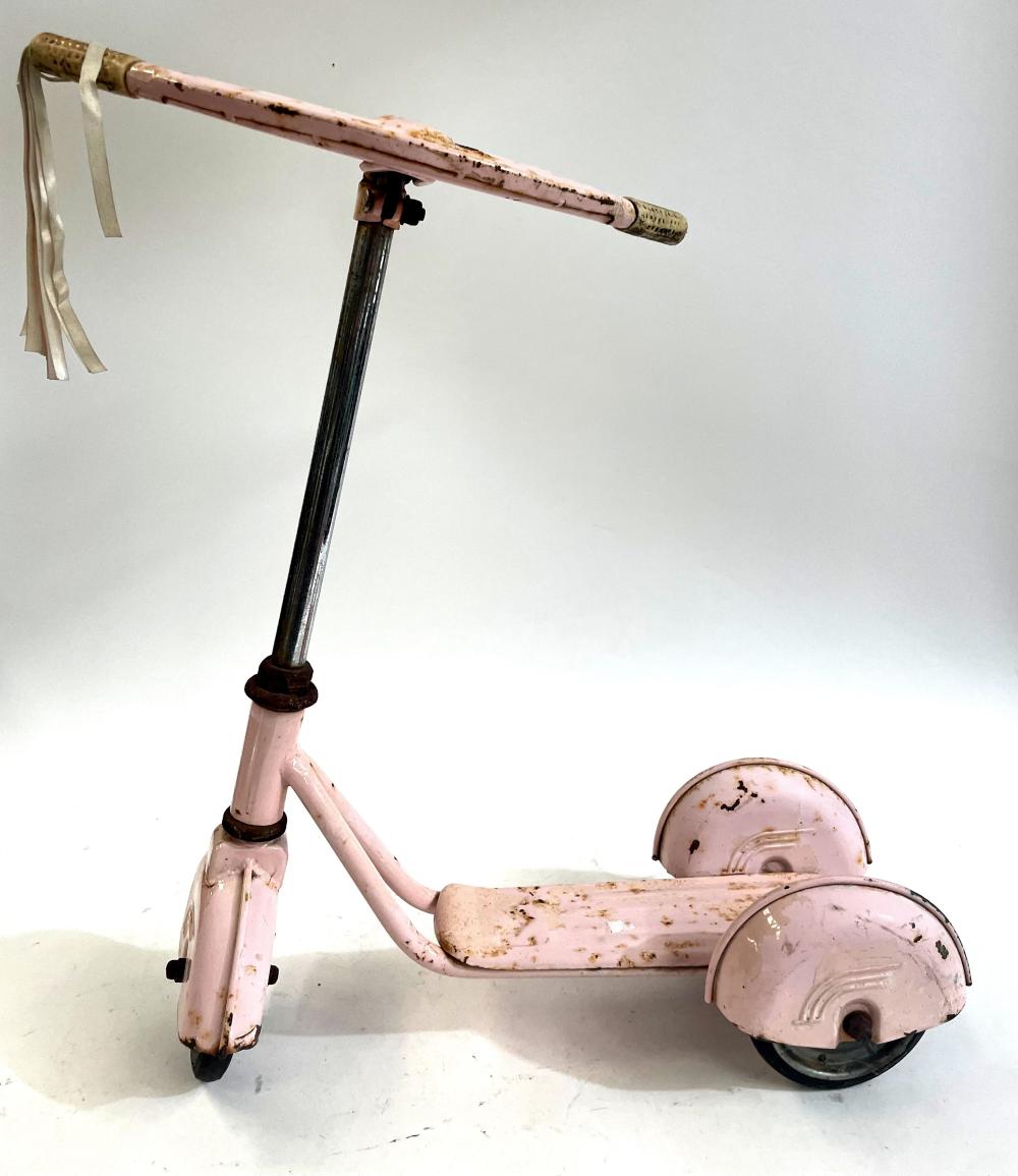 A Vintage Metal & Pink Enamel Children's Scooter