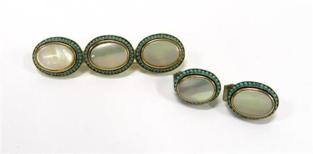 A Gold Plate Mother of Pearl & Turquoise Bead Brooch & a Pair of Matching Ear Clips