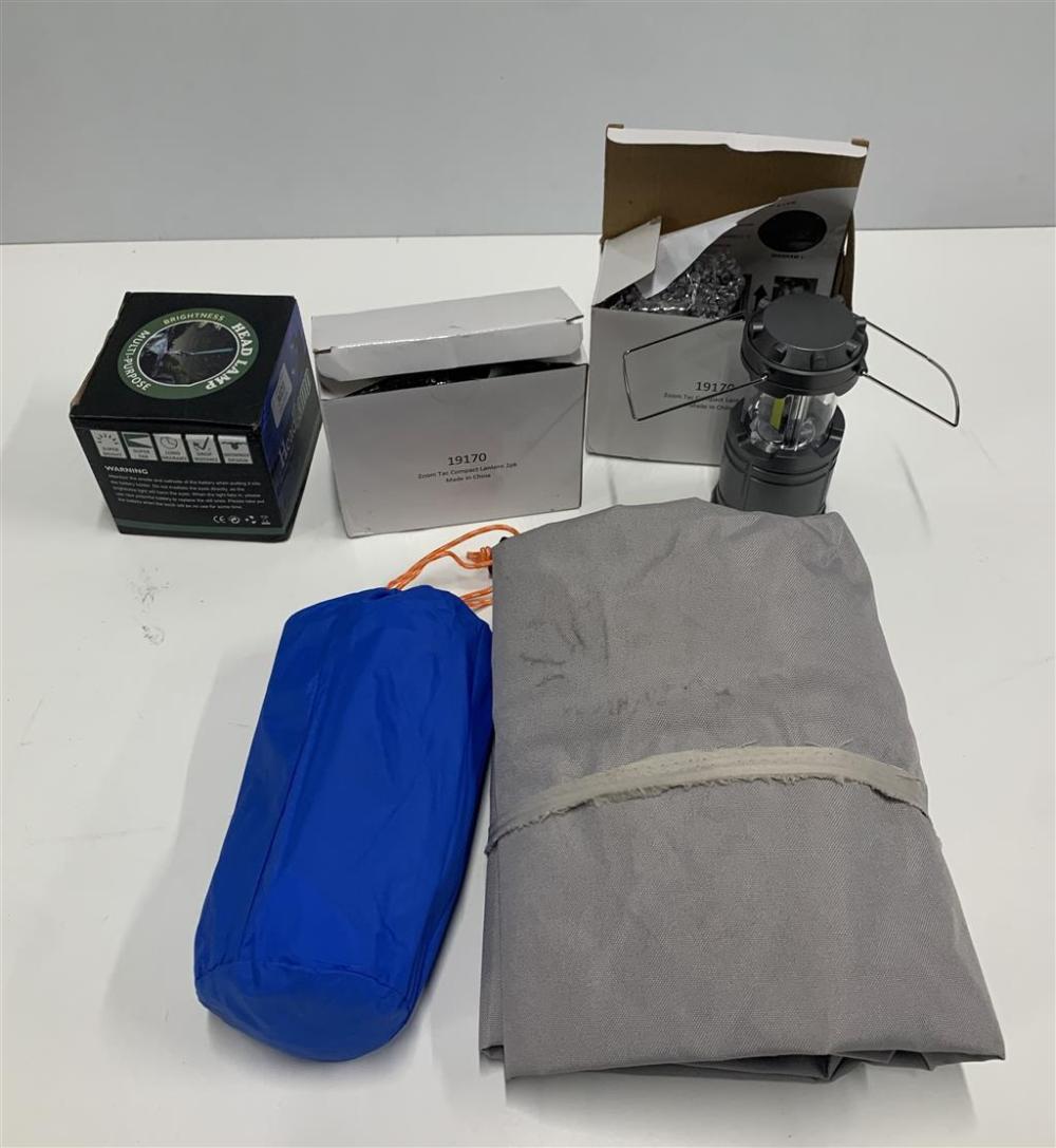 Assorted camping supplies incl. headlamp, mini lanterns etc..