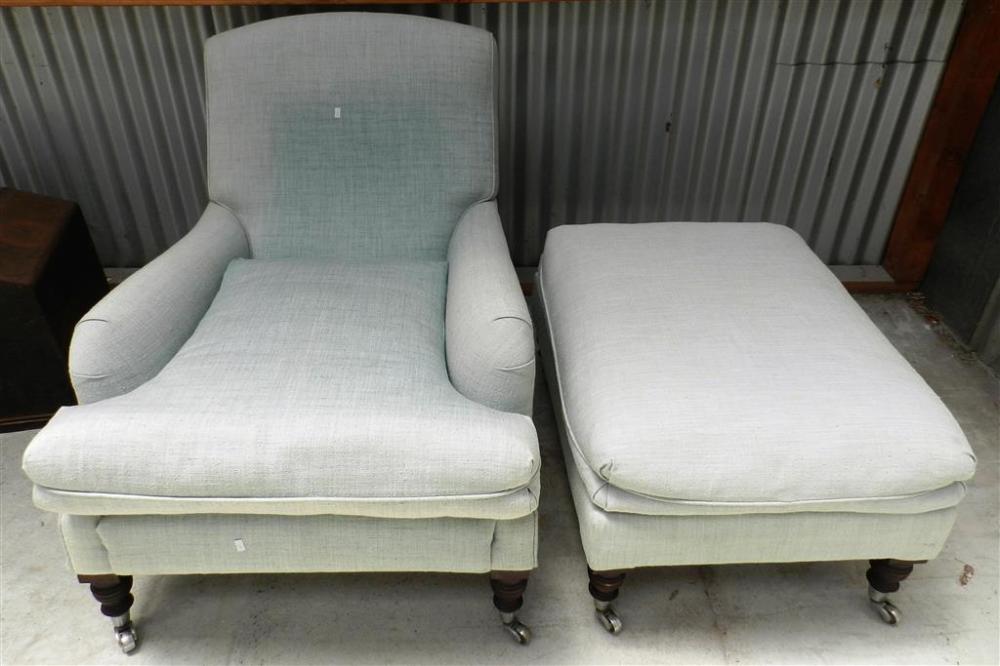 A Mint Green Upholstered Armchair & a Matching Ottoman