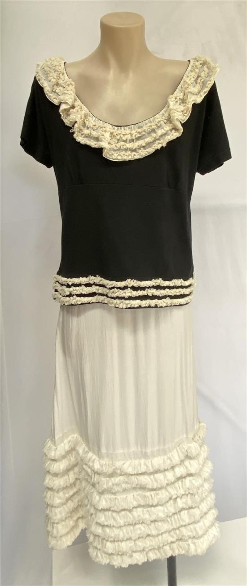 Trelise Cooper: A Collection of Three Garments including: White Skirt with Ruffled Hem, White Beaded Cotton Top & Black Knit Top wit...