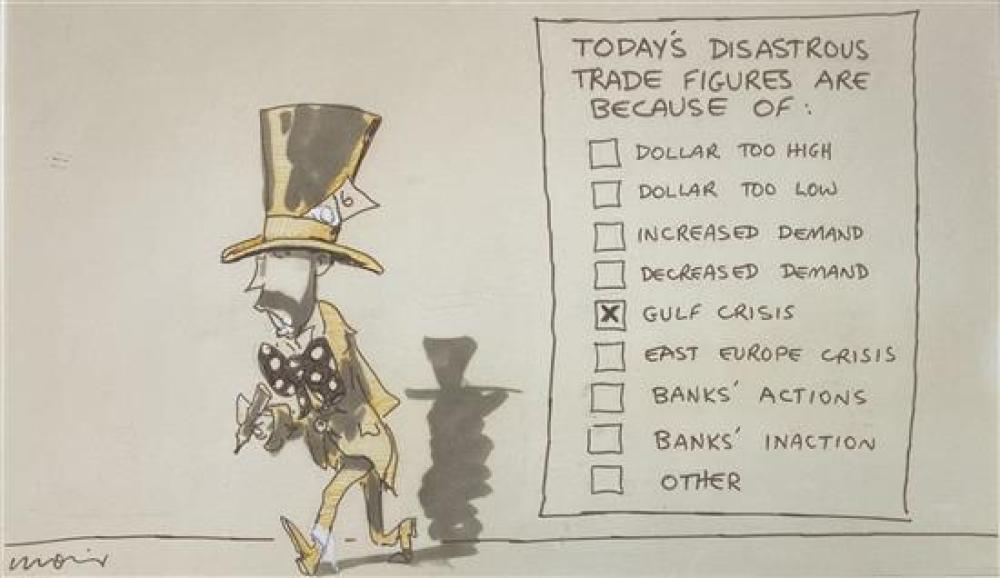 Alan Moir (b.1948) Today's Disastrous Trade Figures because of:.... Print & fibre tipped pen on paper