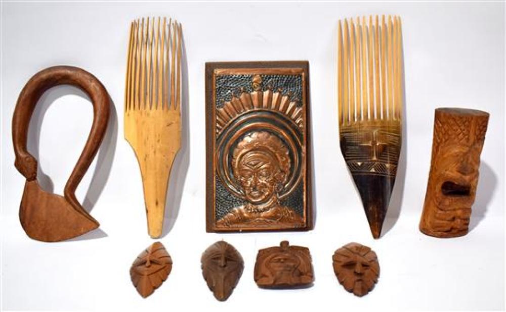 A Selection of Wooden Objects Including a Copper Plaque, Two Bamboo Combs, Four Souvenir Masks and a Ancestral Carving, PNG [9]
