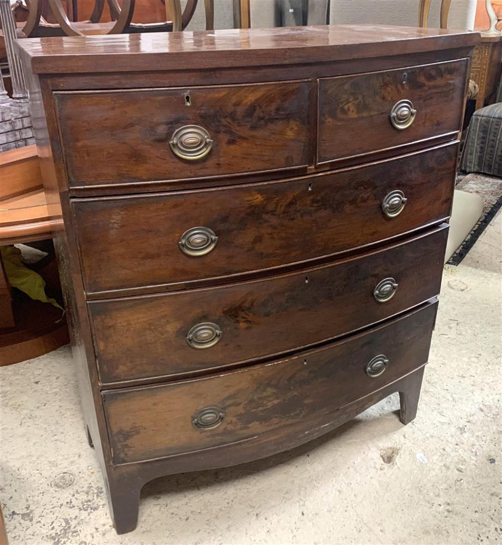 A Georgian Bow Fronted Mahogany Chest of Five Drawers, with later brass handles
