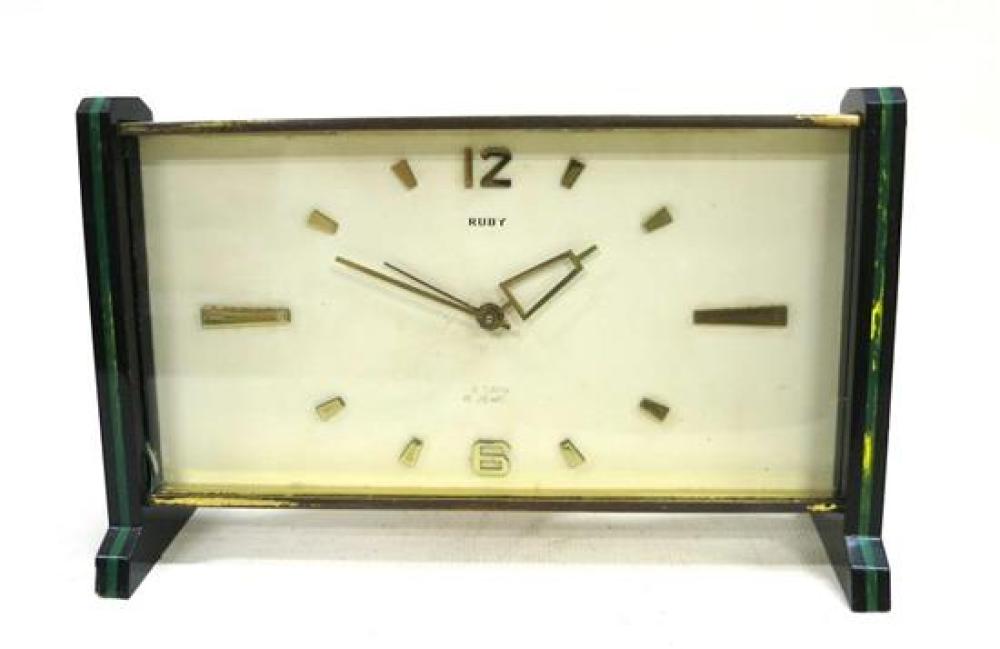 A Ruby Eight Day Art Deco, Brass & Bakerlite Clock,