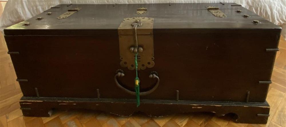 A Fine Korean Bronze Alloy Bound Trunk, the Interior Lined with Newsprint, Joseon Dynasty