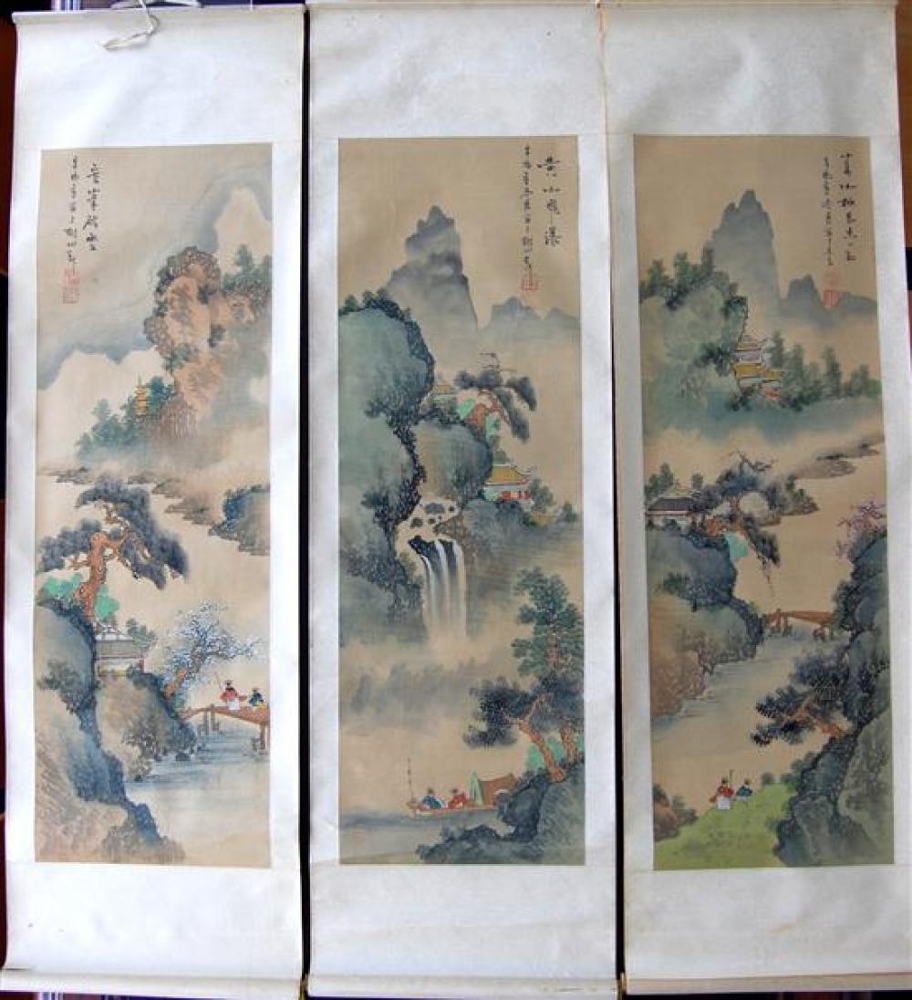 Three Chinese Hanging Scrolls, Ink & Colour on Silk, Signed & Artist Seal Mark, Cyclical Dated 1981,