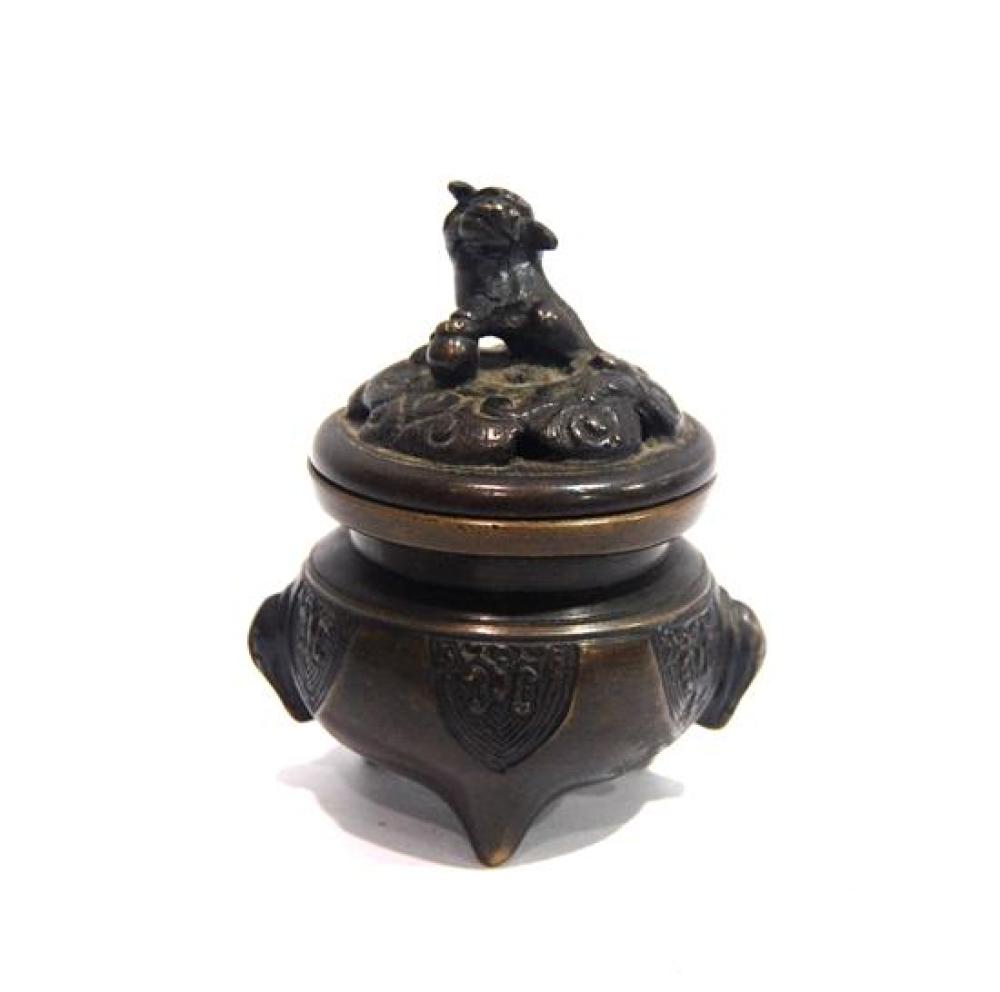 A Miniature Covered Censer, the Bronze Alloy Cast with Three Short Legs, Raised on Three