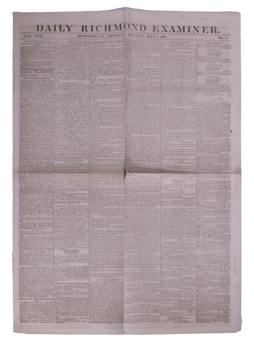 MAY 7, 1863 RICHMOND NEWSPAPER (CHANCELLORSVILLE), WOUNDING (FATAL) OF STONEWALL JACKSON, LEAD-UP TO GETTYSBURG