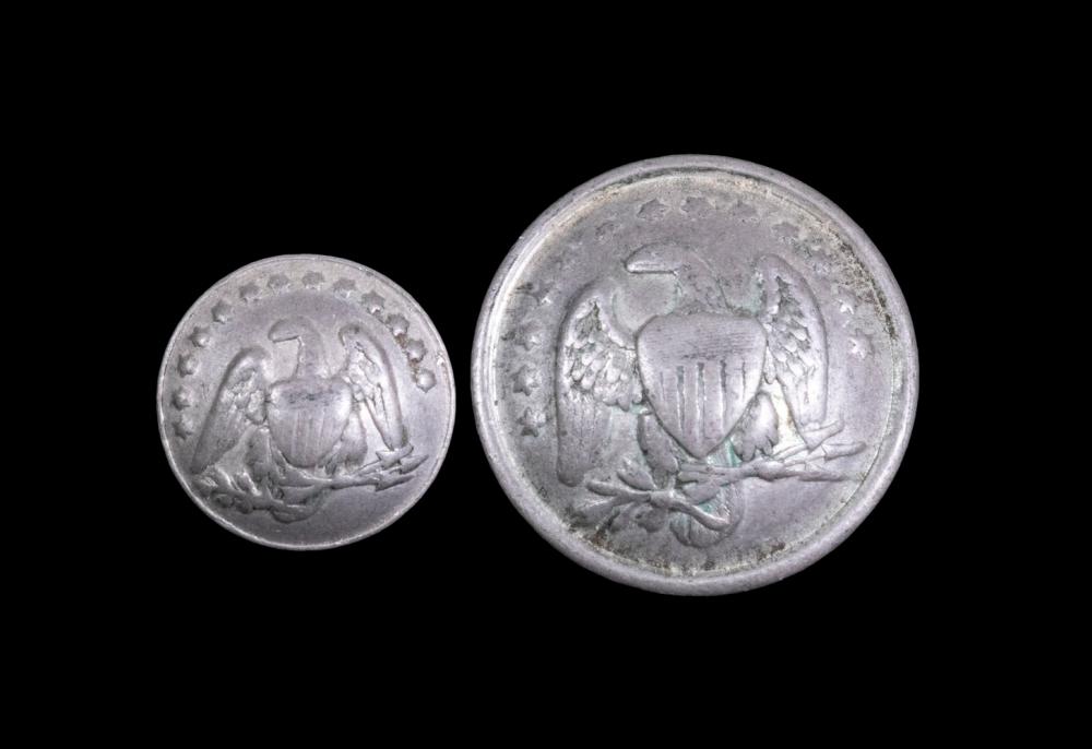 LARGE AND SMALL FRENCH-MADE 'CHAUSEURS' CAST WHITE METAL BUTTONS FOR AMERICAN CIVIL WAR