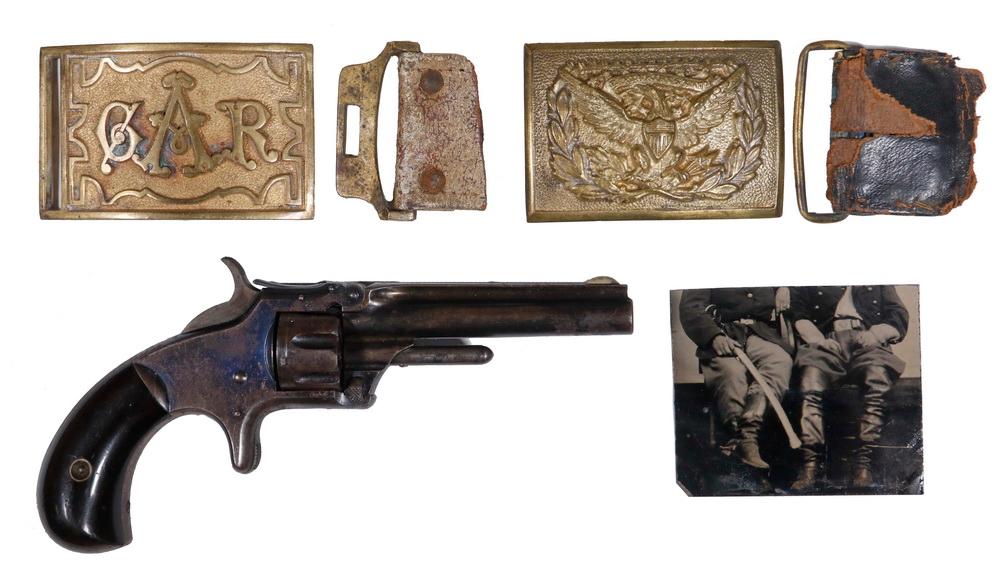 (2) CIVIL WAR BELTS, BOOT PISTOL & TINTYPE FRAGMENT THAT BELONGED TO LT. COL. THOMAS FRANKLIN EDMANDS, CO K, 24TH MASS REGT