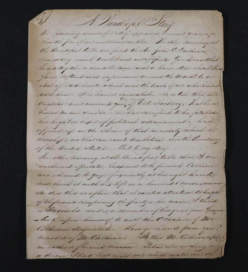 UNPUBLISHED MANUSCRIPT OF CALHOUN'S NIGHTMARE FOUND IN PAPERS OF US CONGRESSMAN WM. MORRIS DAVIS