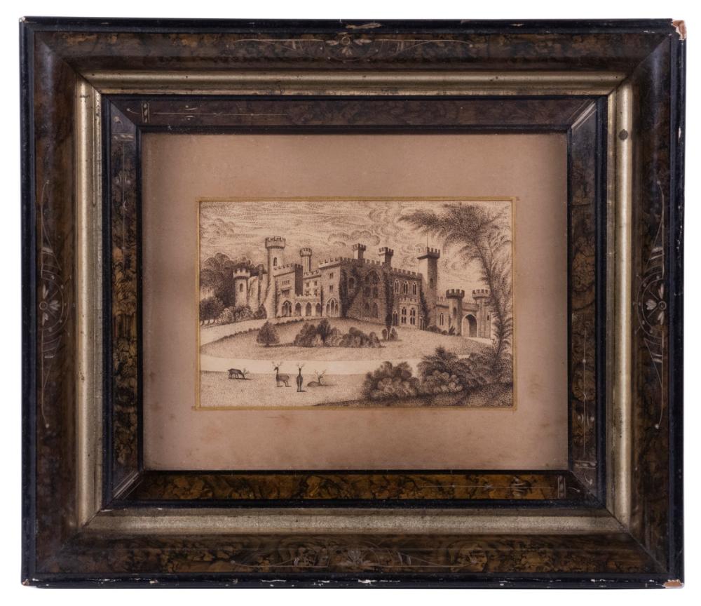 18TH C. ENGLISH STIPPLE INK DRAWING OF A CASTLE