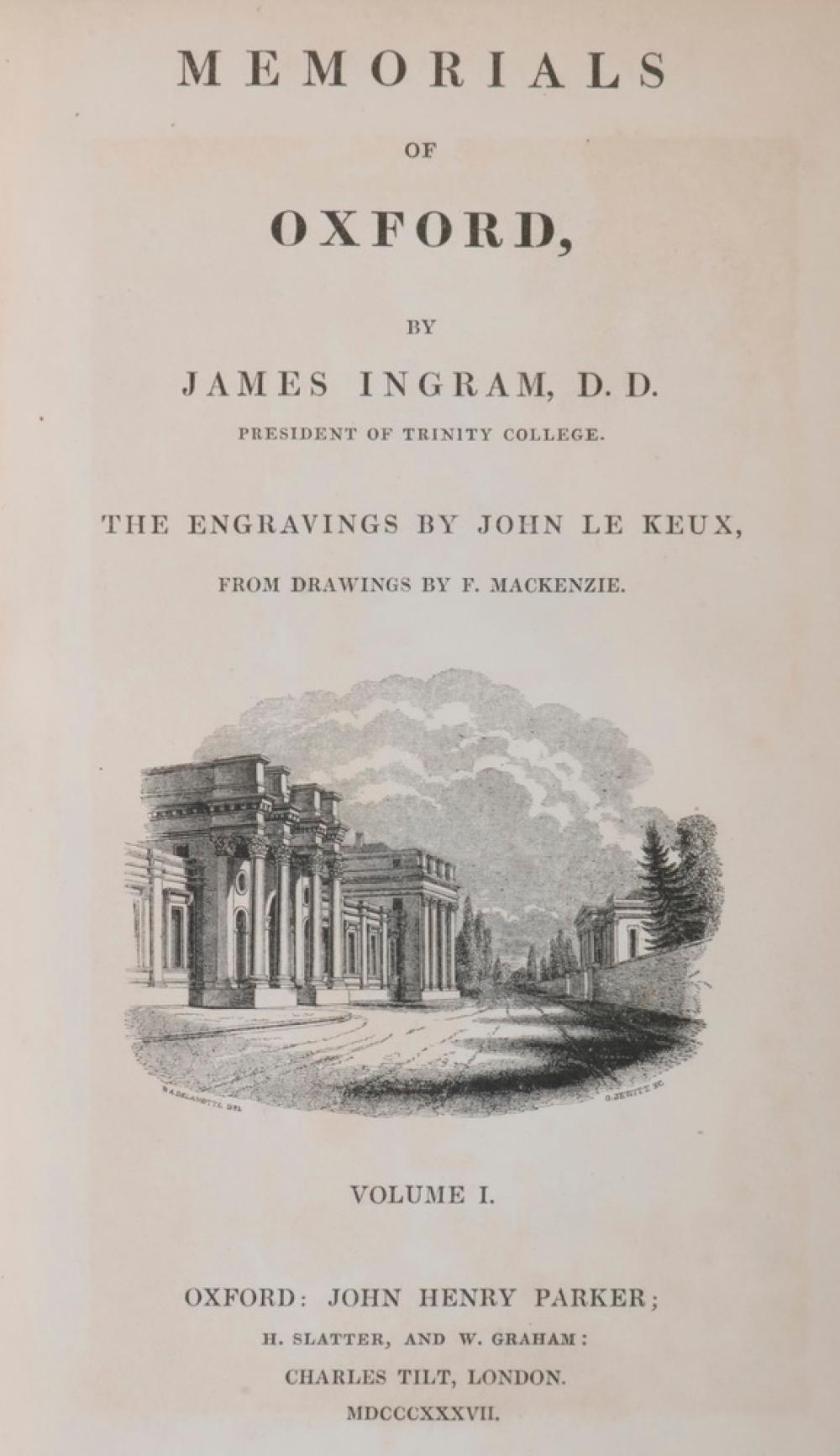 (3 VOL SET) "MEMORIALS OF OXFORD" BY INGRAM, 1837, BOOKPLATE OF ARTHUR ANTSEY, ARCHBISHOP OF WEST INDIES, OXFORD ALUMNI