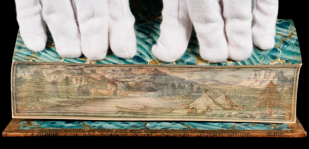 FINE BINDING "COMPLETE POETICAL WORKS OF JAMES RUSSELL LOWELL", 1896 WITH DOUBLE FORE-EDGE PAINTING OF TRAIN AND INDIAN ENCAMPMENT