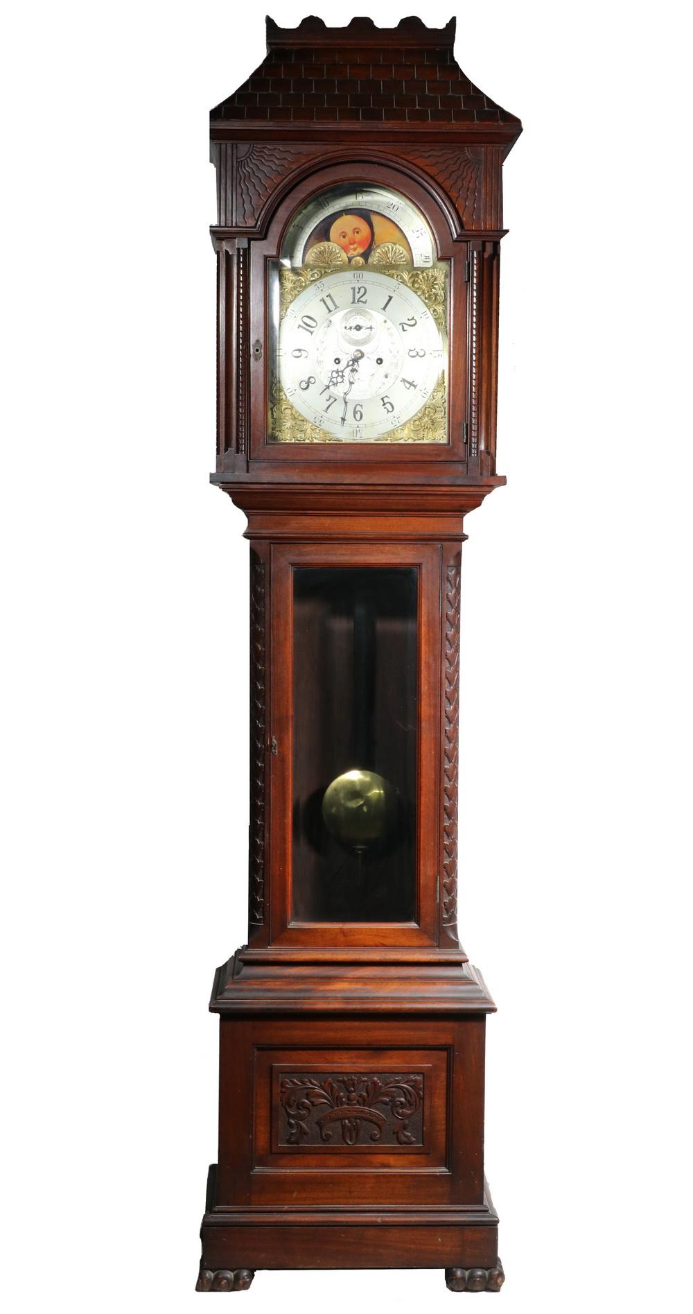 GRAND CARVED TALL CLOCK BY G.W. RUSSELL OF PHILADELPHIA, CA 1905