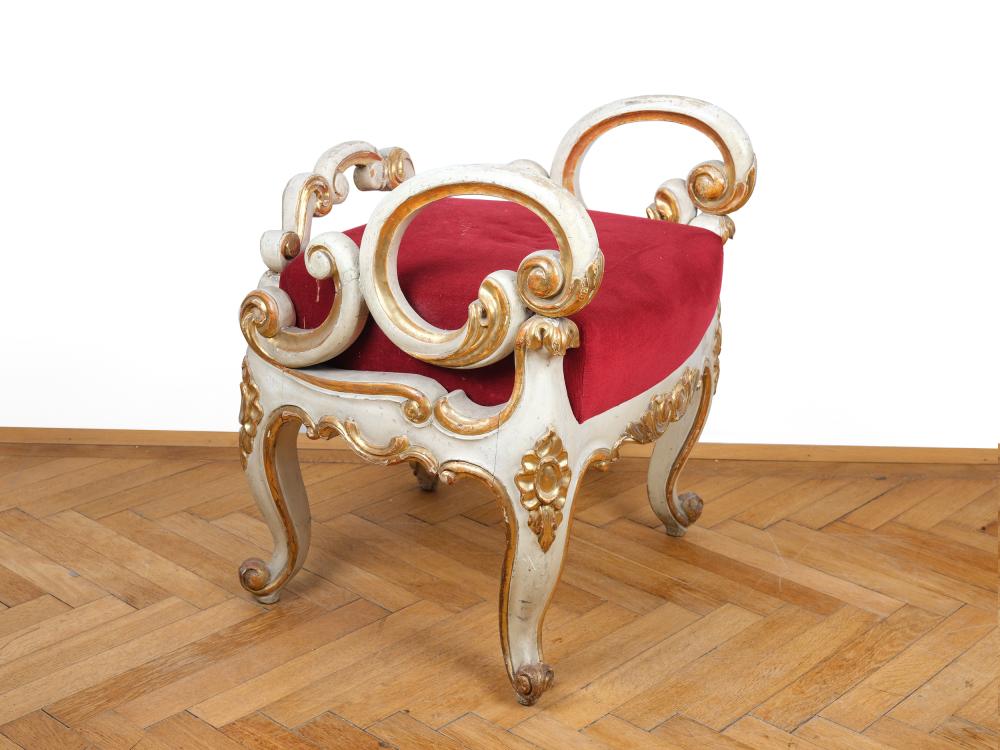 Baroque stool with side rests, Around 1860, Wood carved, painted white & gold-gilded