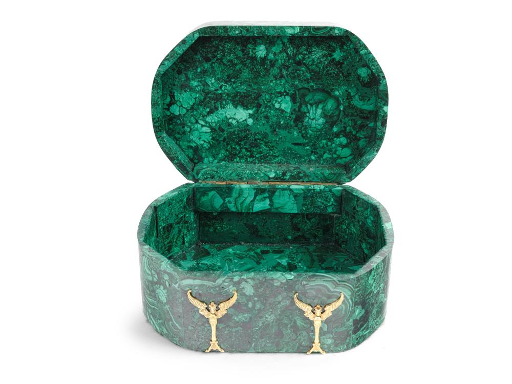 VERY LARGE LIDDED BOX MADE OF MALACHITE, DECORATED WITH GILT SILVER RELIEFS, MARKED (84 ZOLOTNIKI)