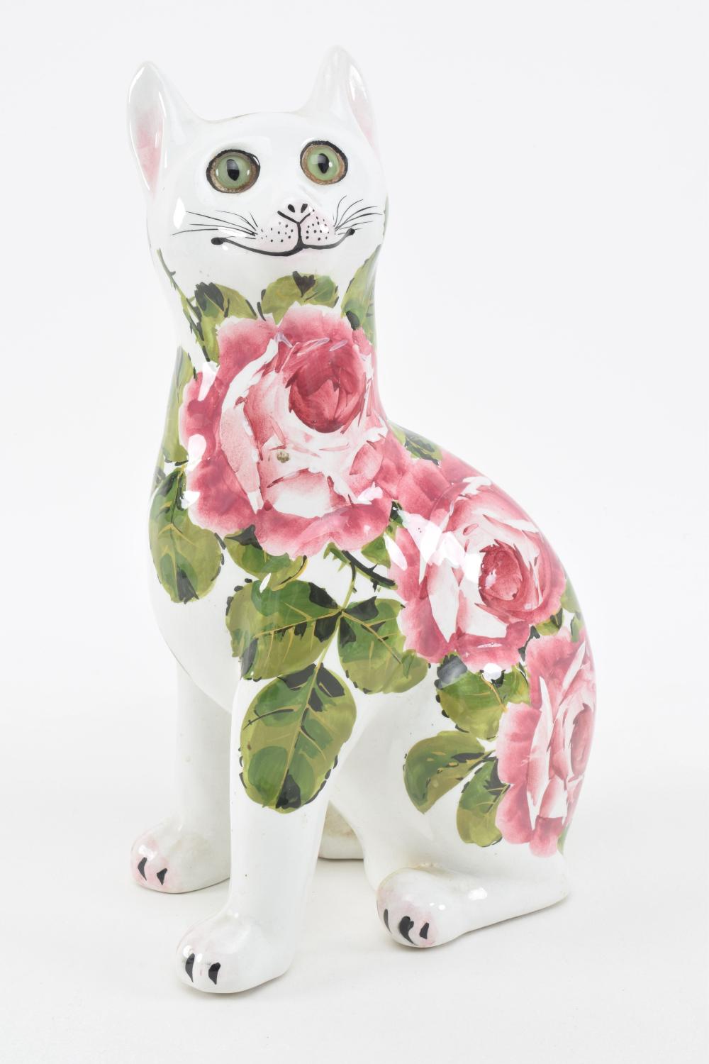 Large Wemyss Pottery cabbage rose decorated cat with