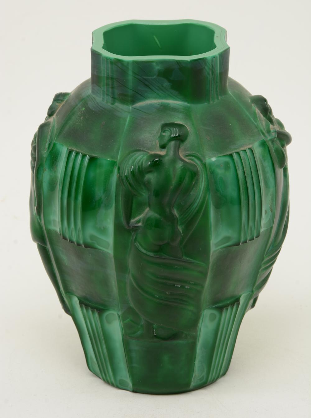 Czechoslovakian Art Deco green glass vase, with raised