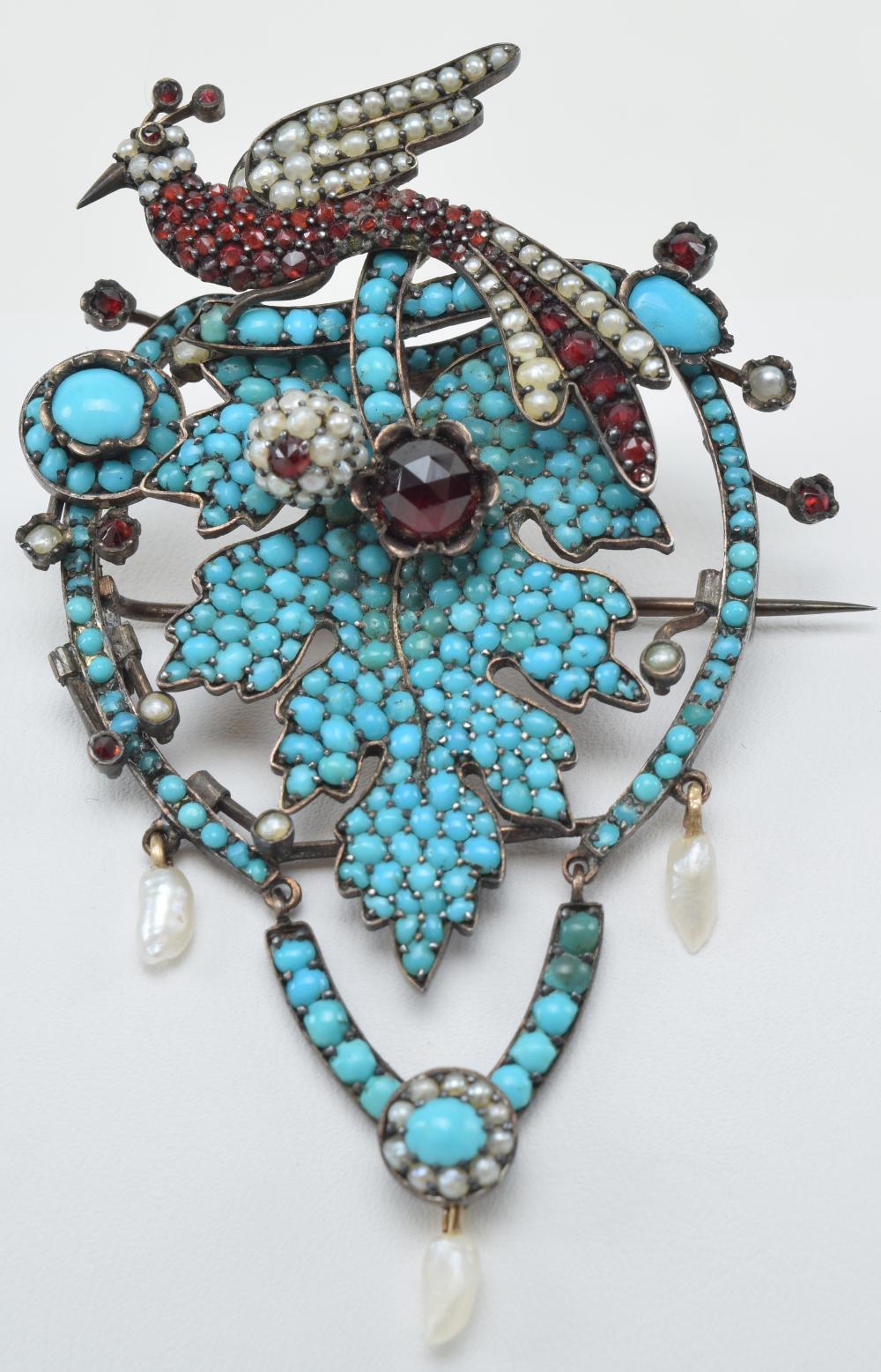 Sterling silver, turquoise, garnet, and seed pearl