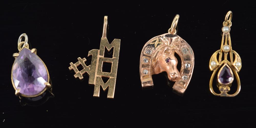 4 gold pendant-charms. 1) 14K gold pear shaped amethyst mount. Marked. 2) Amethyst and pearl