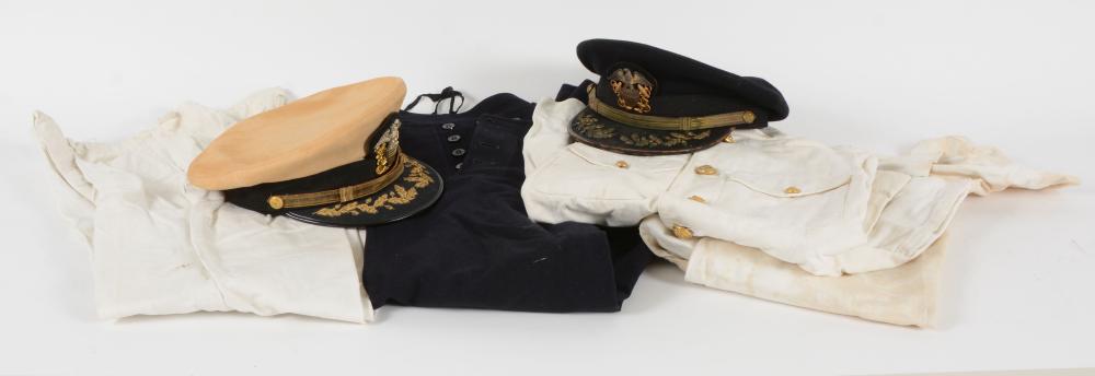 WWII Era U.S. Navy Lot of Clothing Containing both Blues and Whites with Hats. Two Visor Caps a