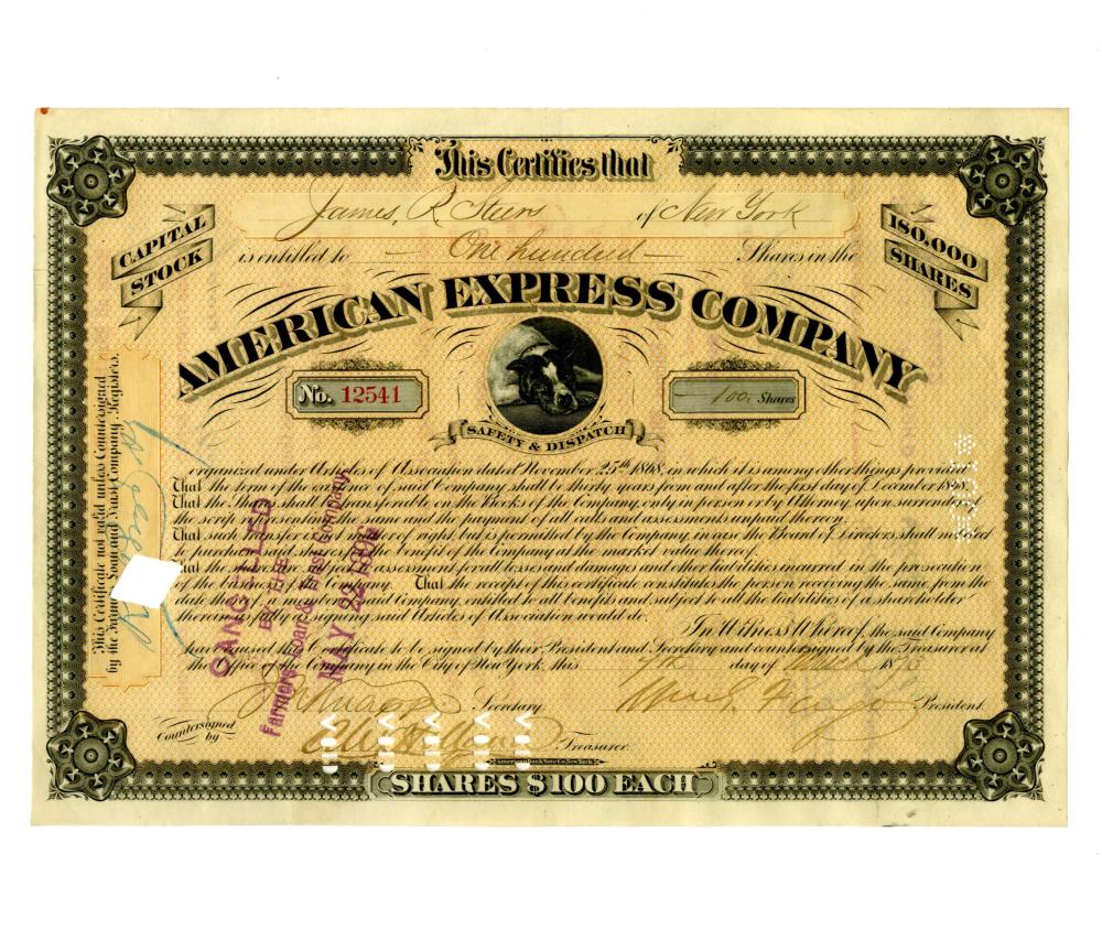 William G. Fargo Signed 1873 American Express Company Stock Certificate