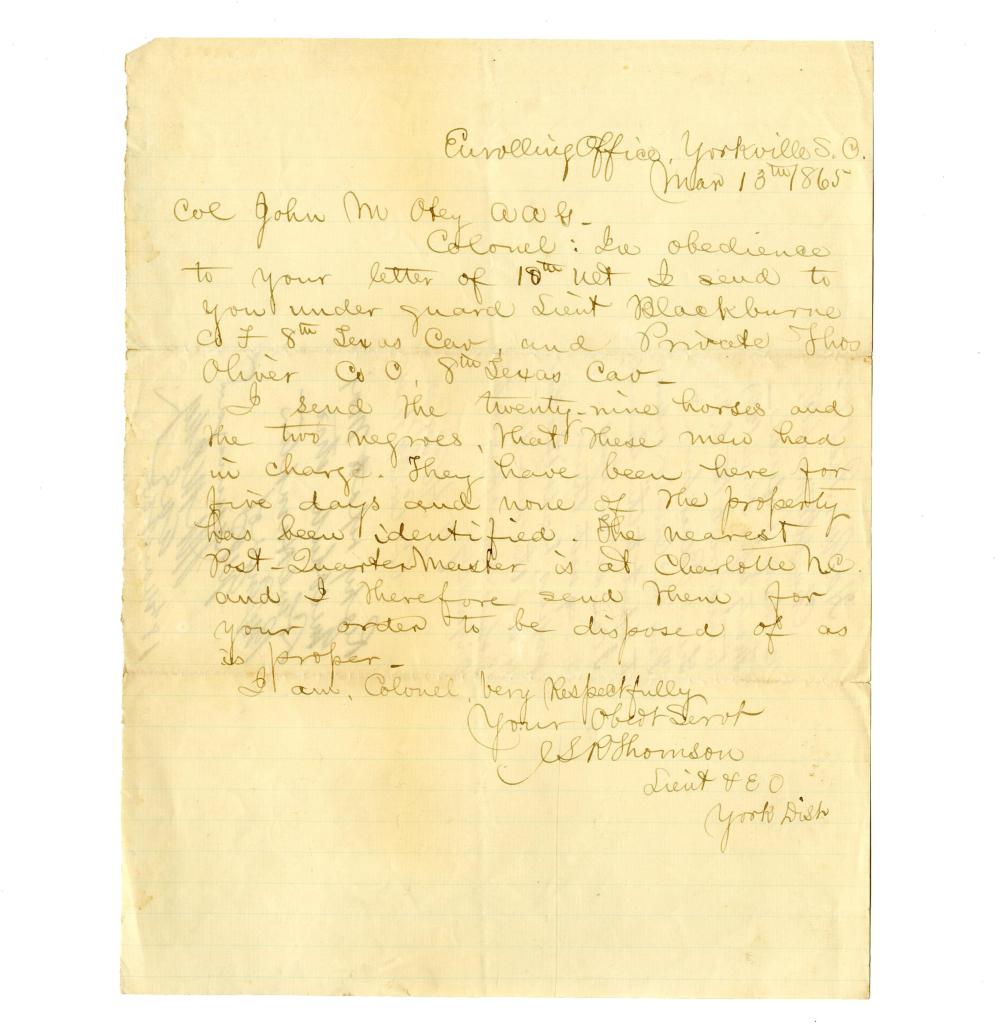 Letter to Col. Otey, A.A.G. to Gen. Beauregard Re: Charges Against 2 Cavalrymen