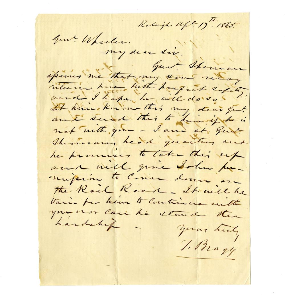 Former NC Gov. Thomas Bragg ALS to Genl Wheeler for Safe Return of His Son, Secured by General Sherman